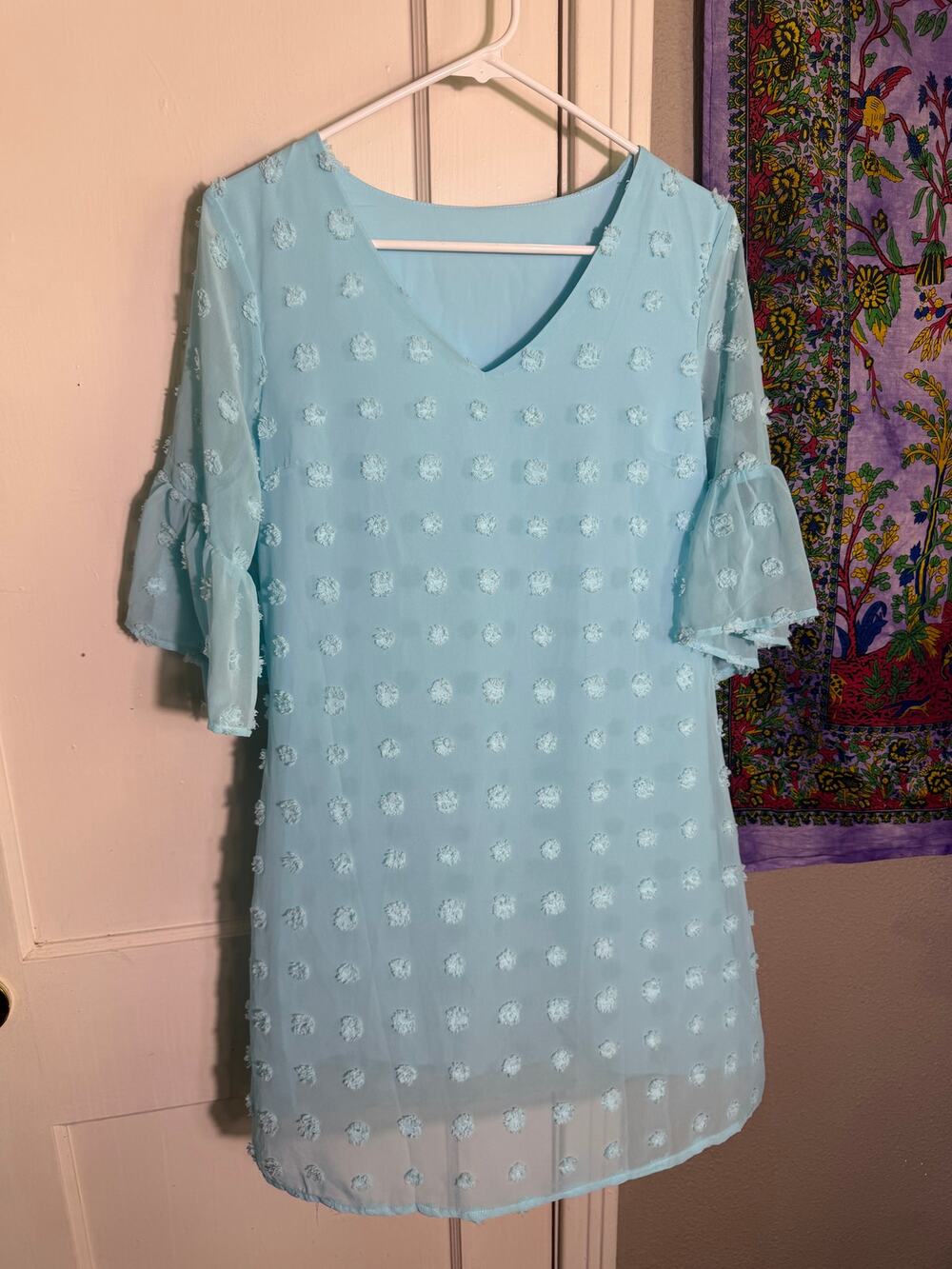 Blue Swiss Dot Dress Bell Sleeve Sheer Chiffon Shift Boho - Small